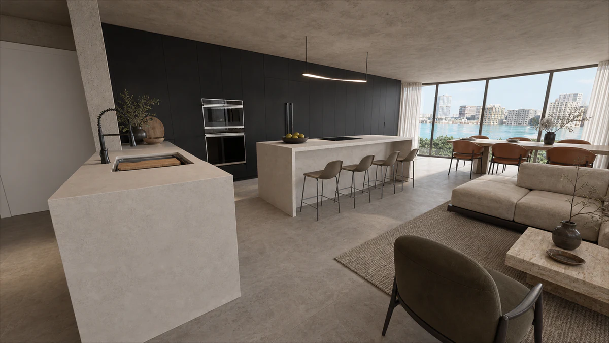 Ashford - kitchen, dining and living panorama facing Condado Bay