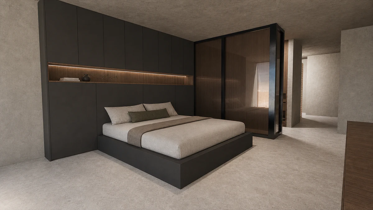 Ashford - industrial Japandi bedroom with dark millwork