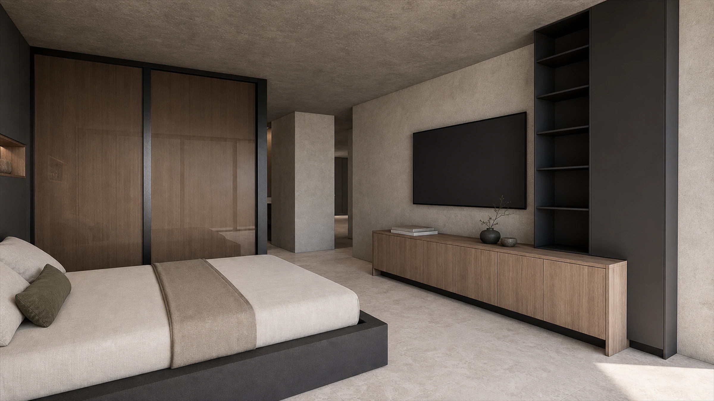 Ashford - bedroom media wall and glass closet with wood backing