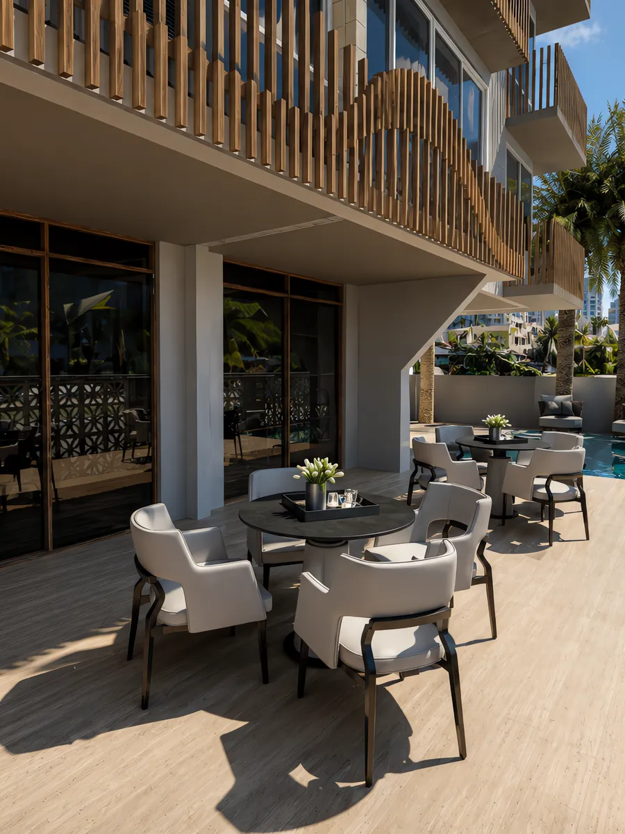 Ocean Park - ground-floor terrace and pool behind the ornamental block wall