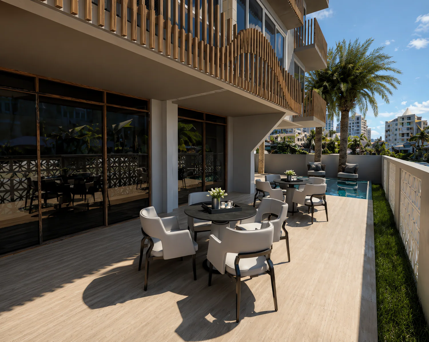 Ocean Park - ground-floor terrace and pool behind the ornamental block wall