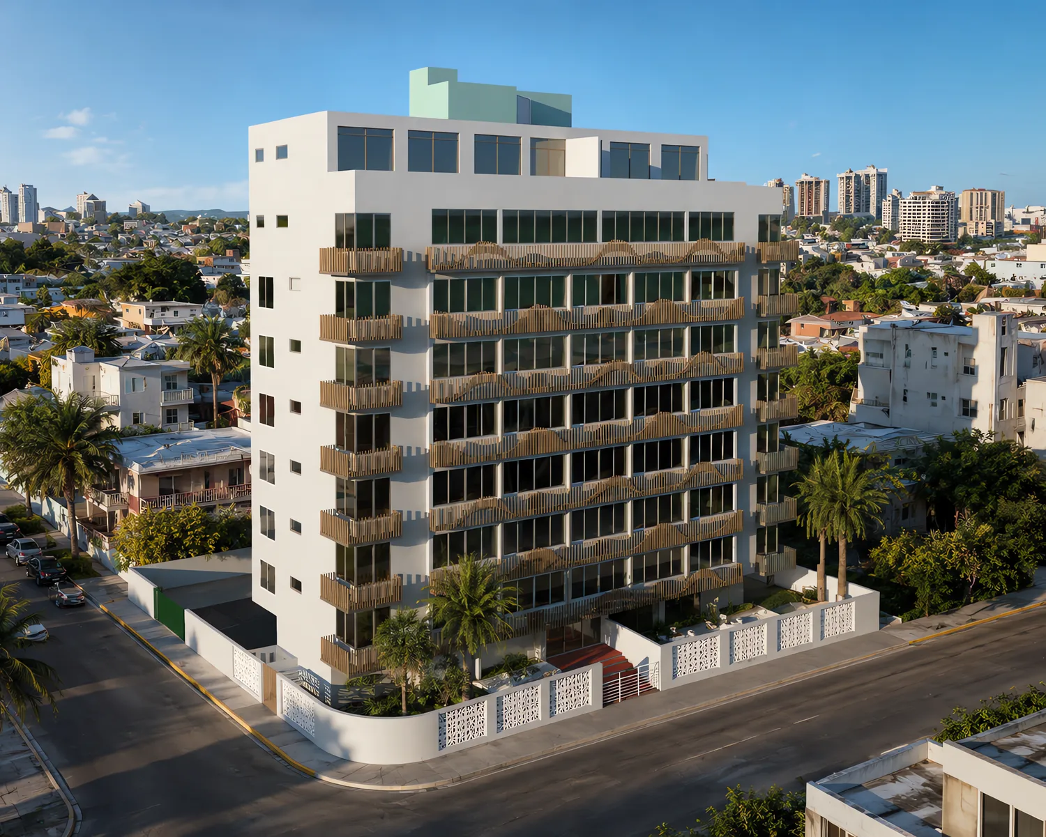 Ocean Park - elevated view of the renewed facade within its Ocean Park block, San Juan skyline beyond