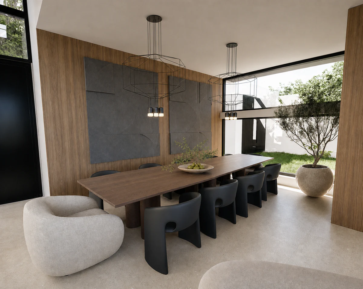 Shoreline - dining room with sculptural chandelier