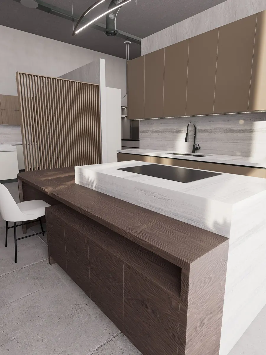 Wood Studio - kitchen display with wood-slat screen